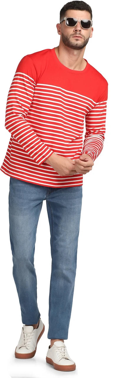 Red and White Striped Cotton Rib T‑Shirt