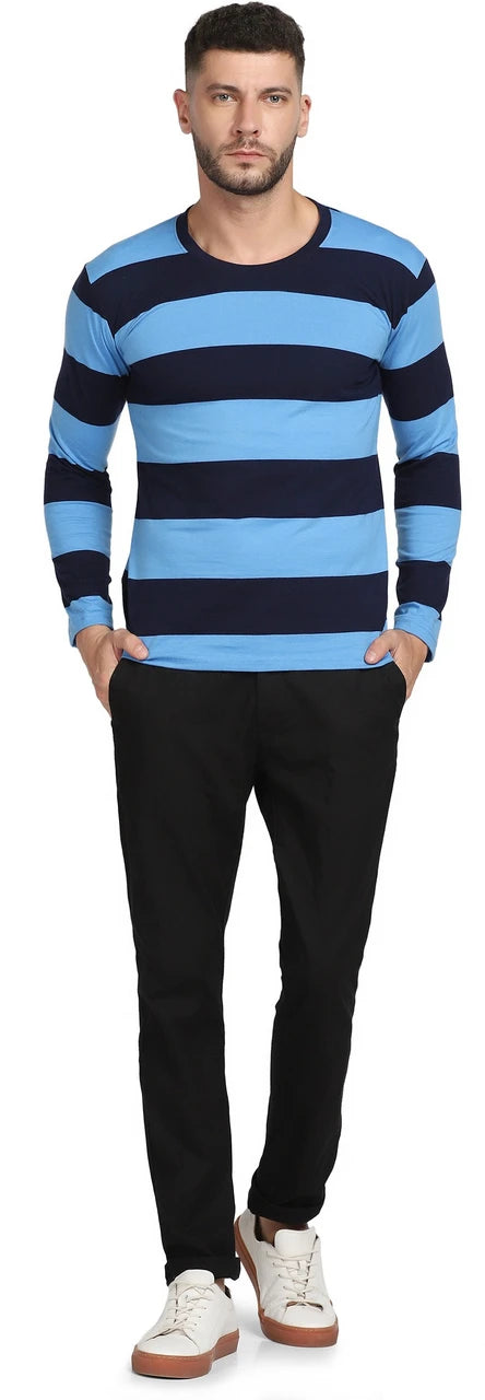 Full Sleeve Blue Striped Cotton T Shirt
