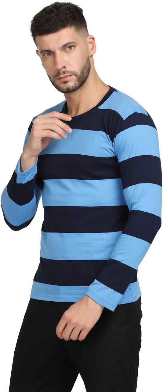 Full Sleeve Blue Striped Cotton T Shirt