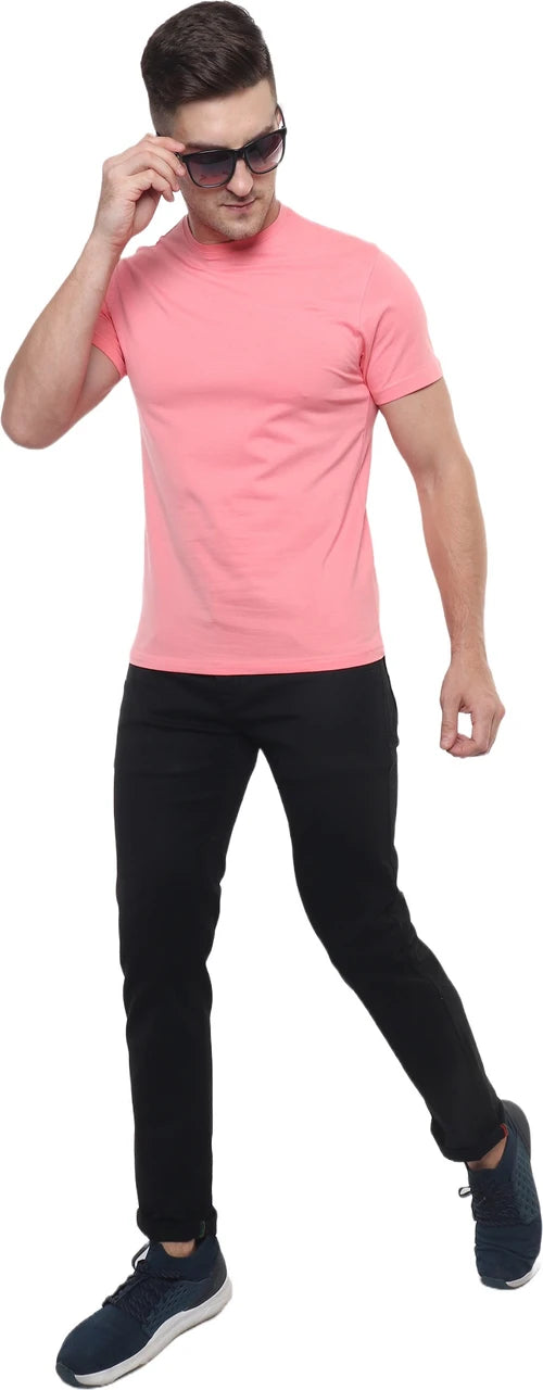 Pink Cotton Round Neck  T‑Shirt