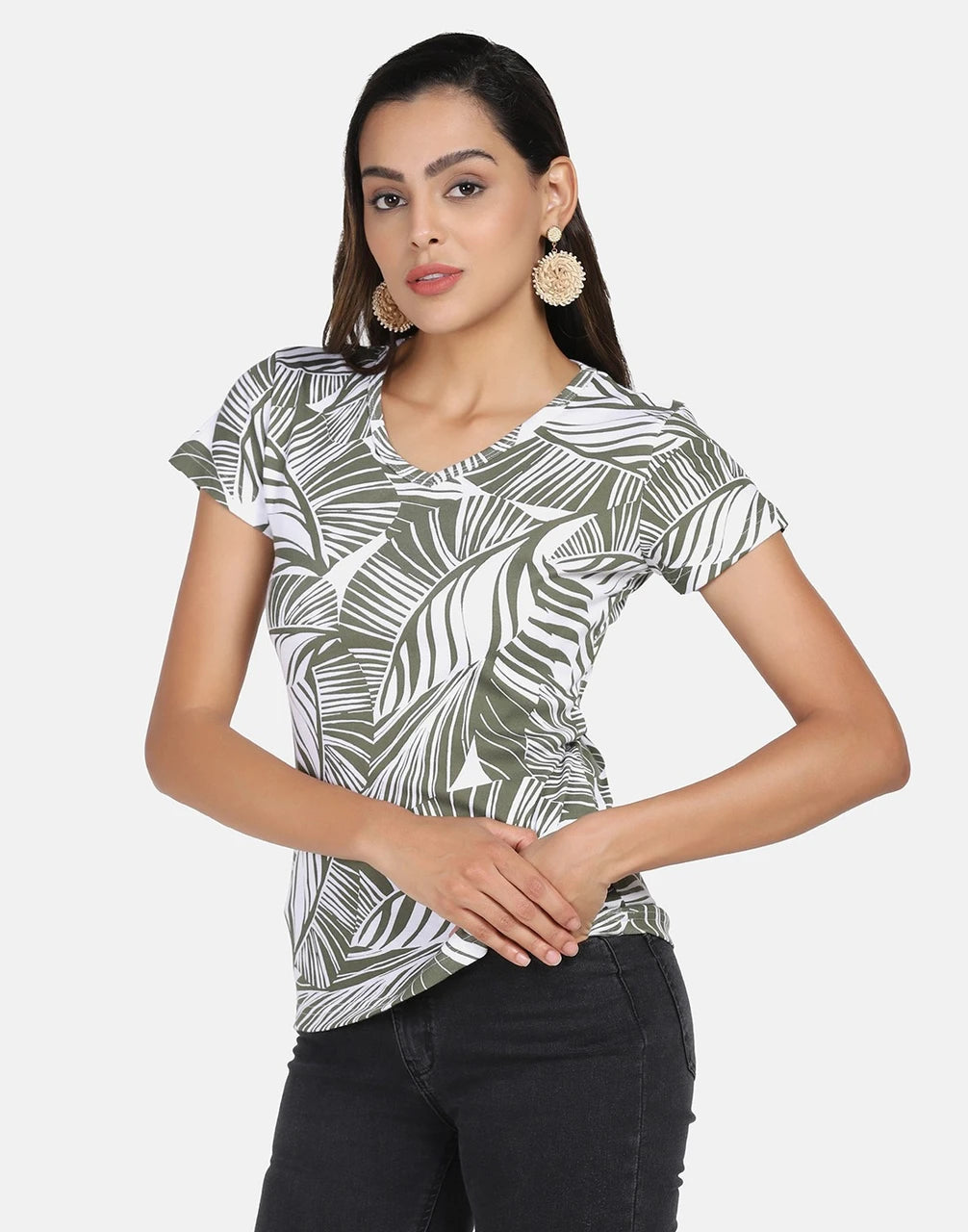 Tropical Leaf Printed Cotton Rib V-Neck Top