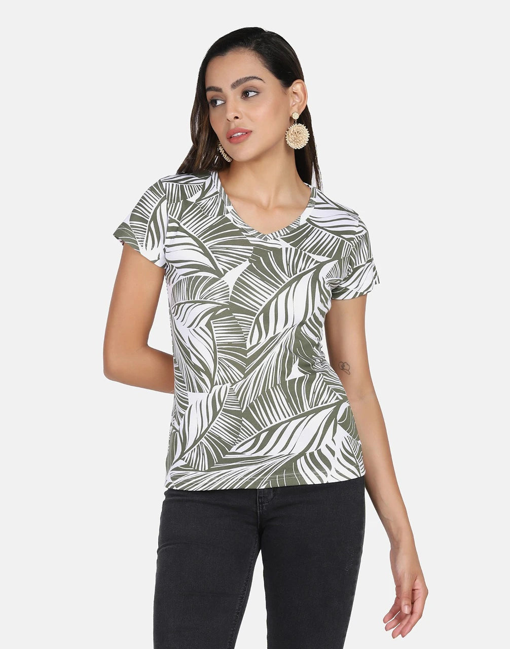Tropical Leaf Printed Cotton Rib V-Neck Top