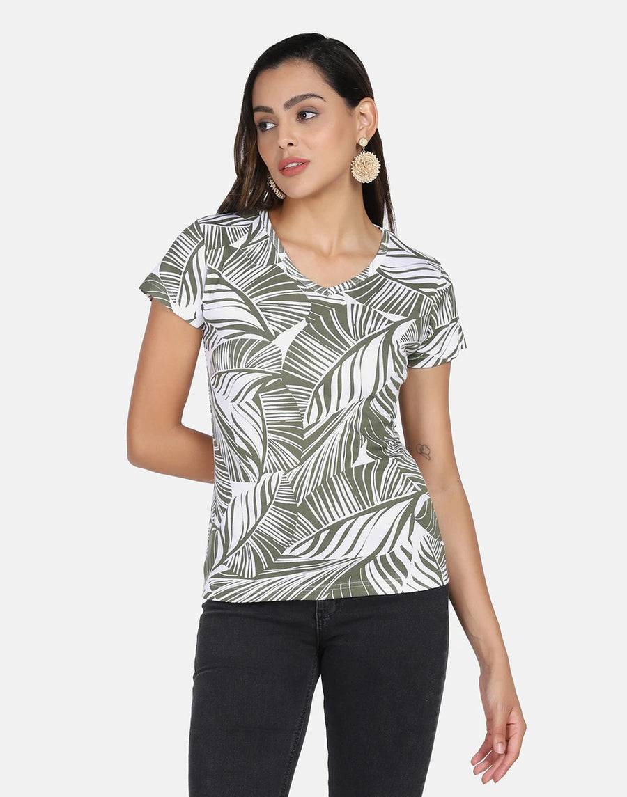 Tropical Leaf Printed Cotton Rib V-Neck Top