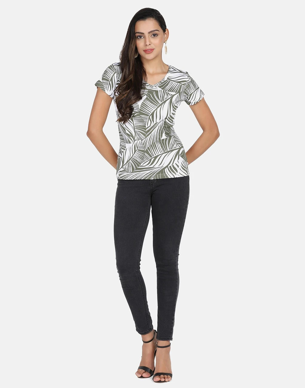 Tropical Leaf Printed Cotton Rib V-Neck Top