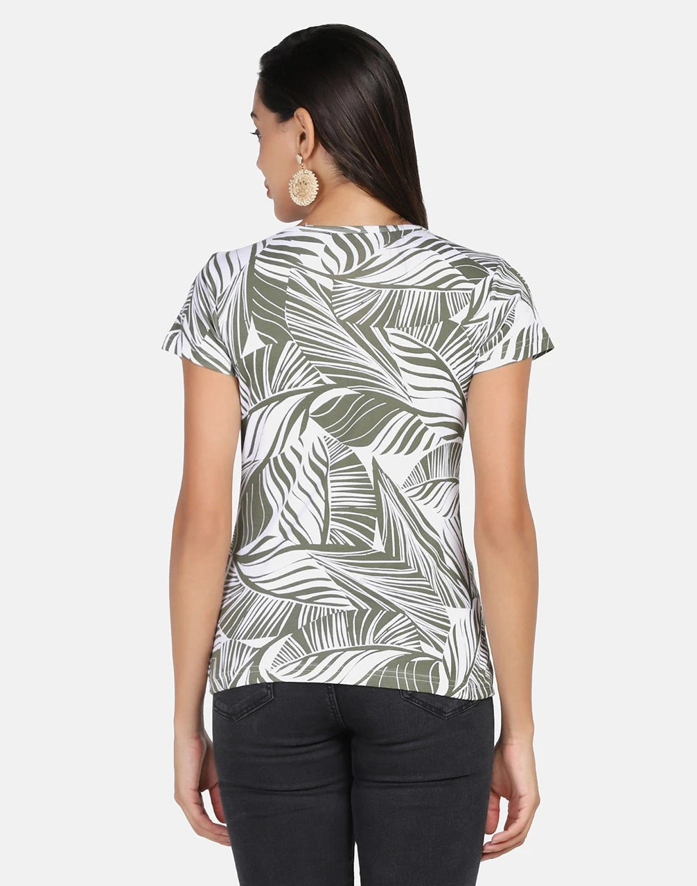 Tropical Leaf Printed Cotton Rib V-Neck Top