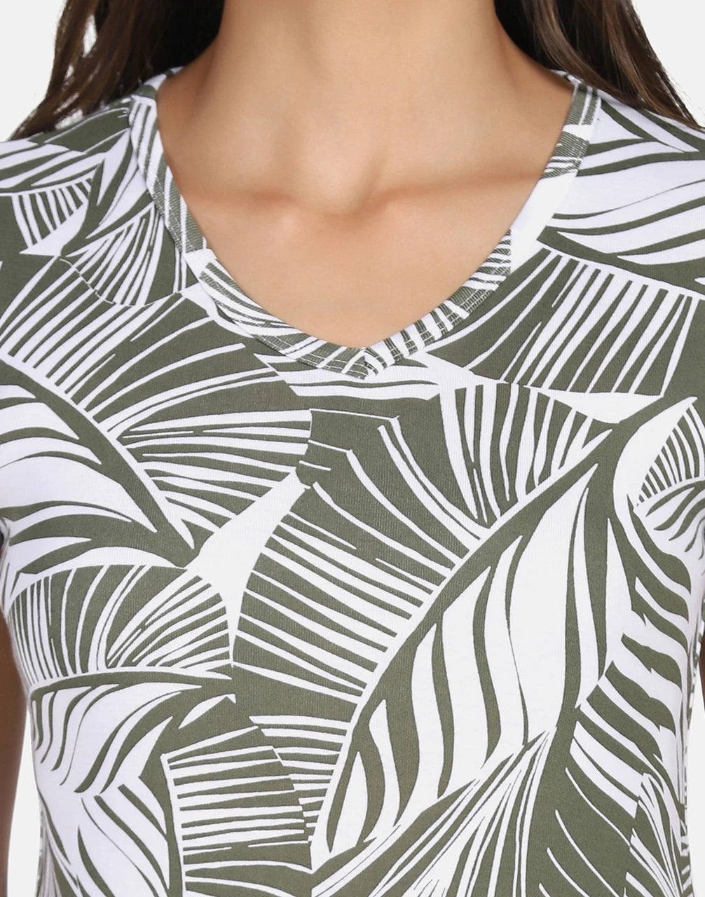 Tropical Leaf Printed Cotton Rib V-Neck Top