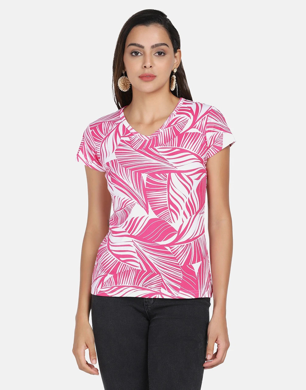 Tropical Leaf Printed Cotton Rib V-Neck Top