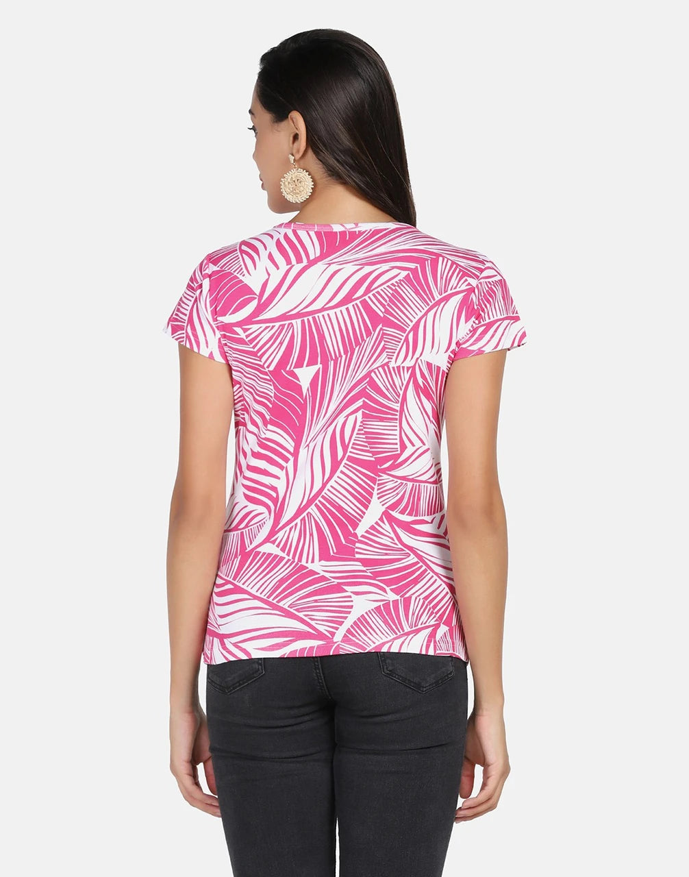 Tropical Leaf Printed Cotton Rib V-Neck Top