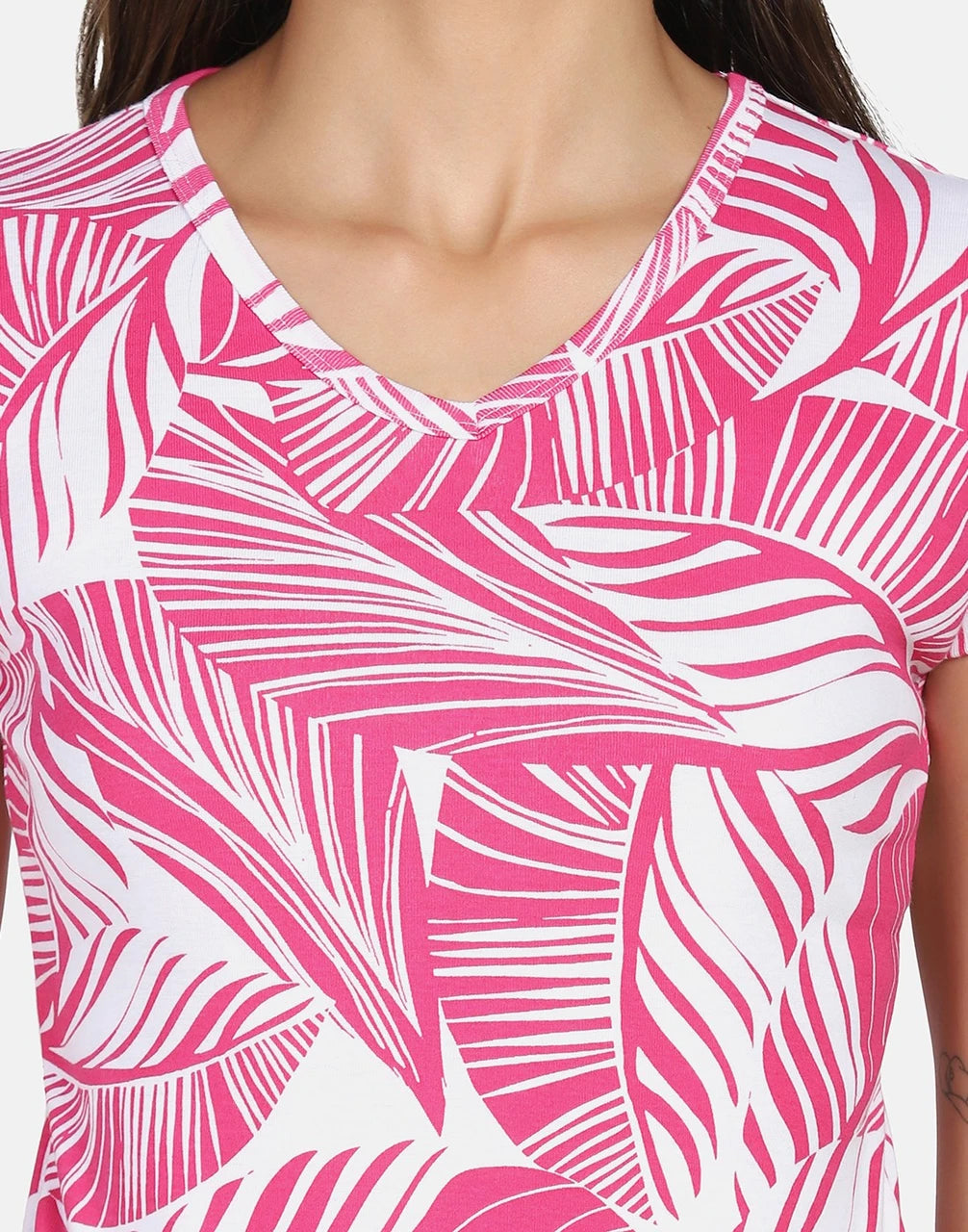 Tropical Leaf Printed Cotton Rib V-Neck Top