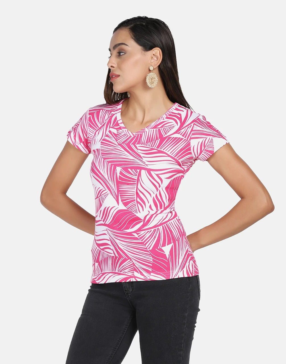 Tropical Leaf Printed Cotton Rib V-Neck Top