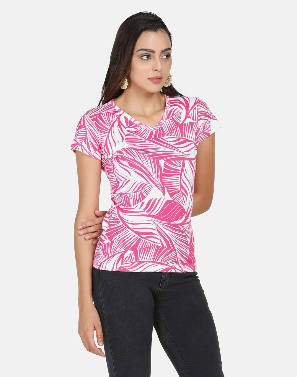Tropical Leaf Printed Cotton Rib V-Neck Top
