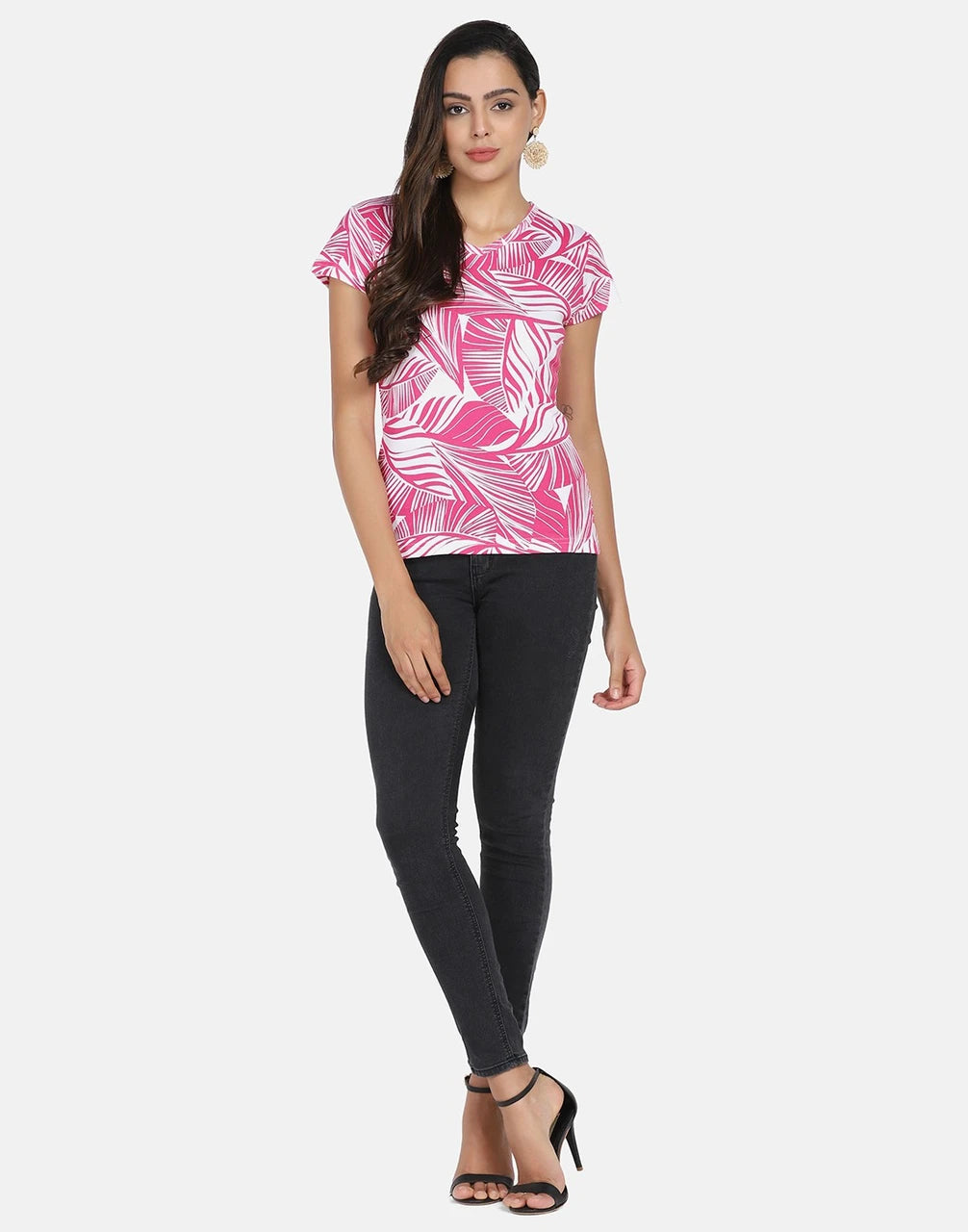 Tropical Leaf Printed Cotton Rib V-Neck Top