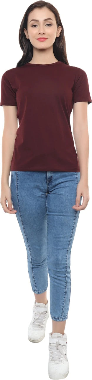 Solid Wine Round Neck Cotton Lycra T-Shirt