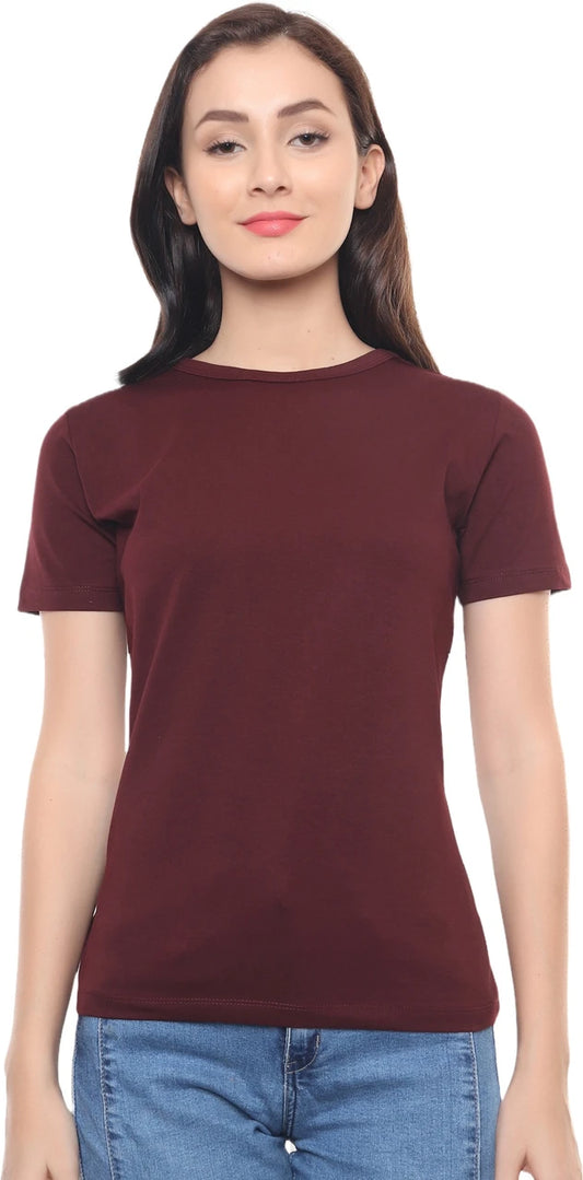 Solid Wine Round Neck Cotton Lycra T-Shirt