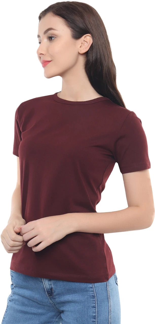 Solid Wine Round Neck Cotton Lycra T-Shirt