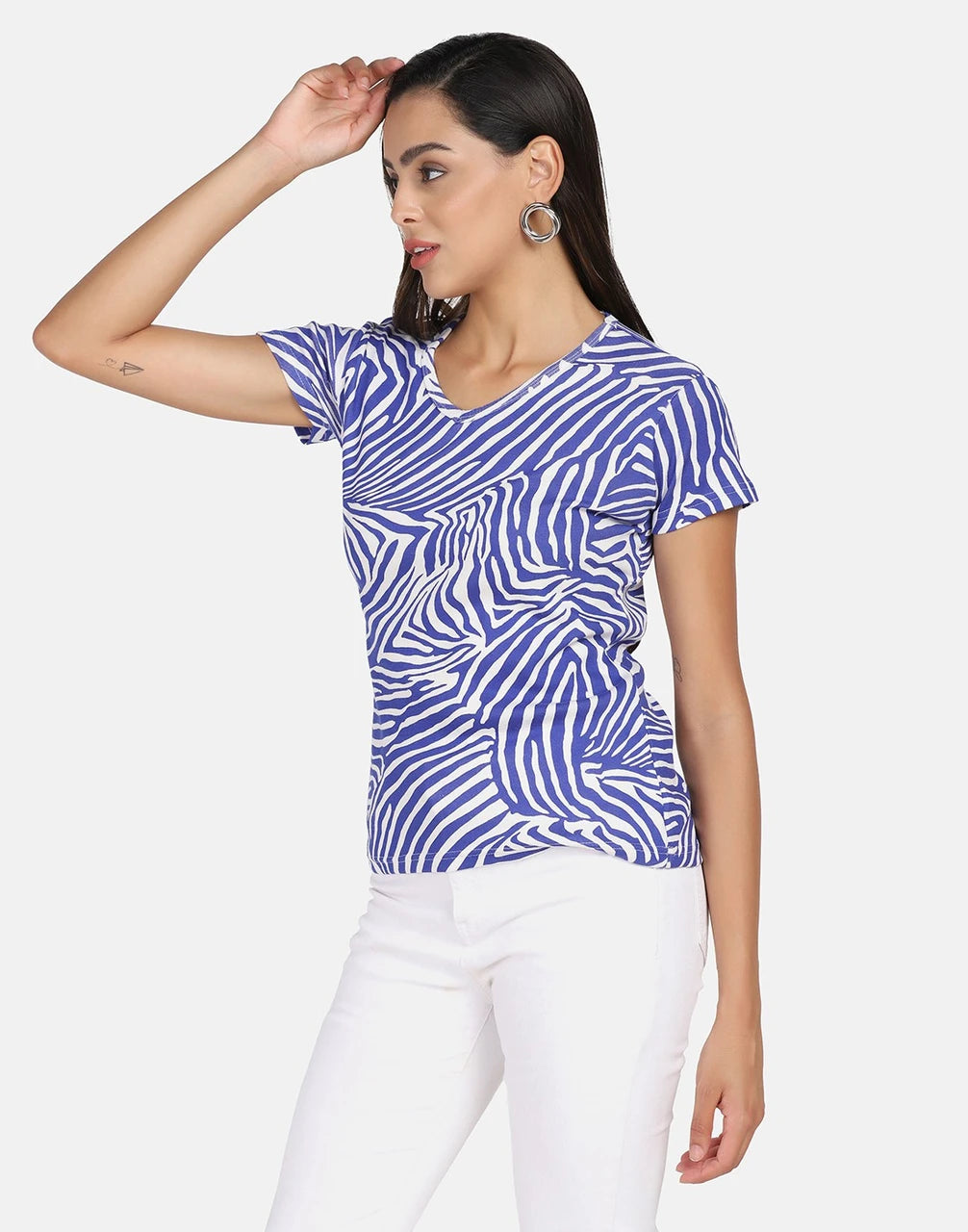 Tropical Leaf Printed Cotton Rib V-Neck Top