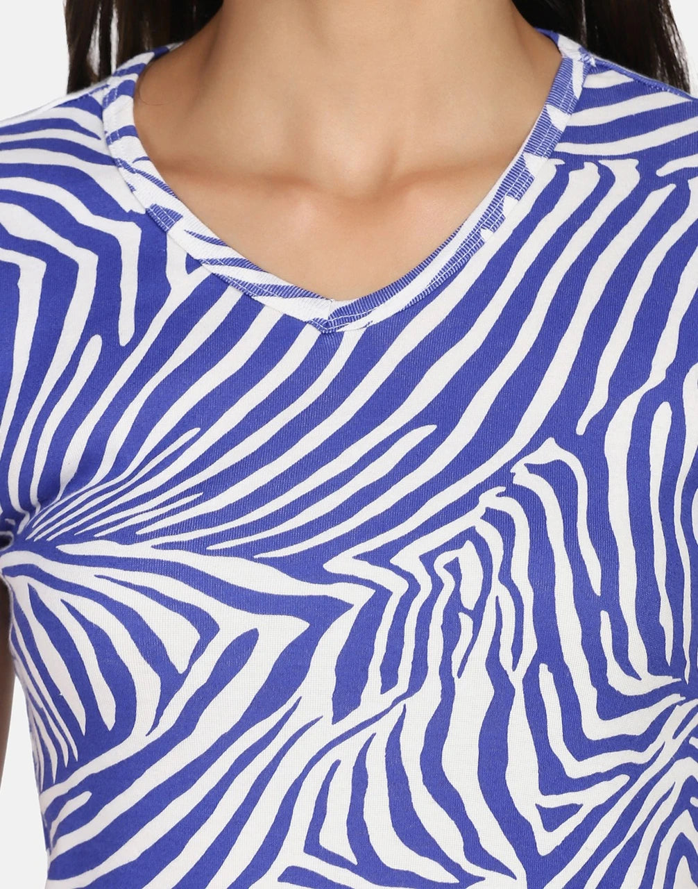 Tropical Leaf Printed Cotton Rib V-Neck Top
