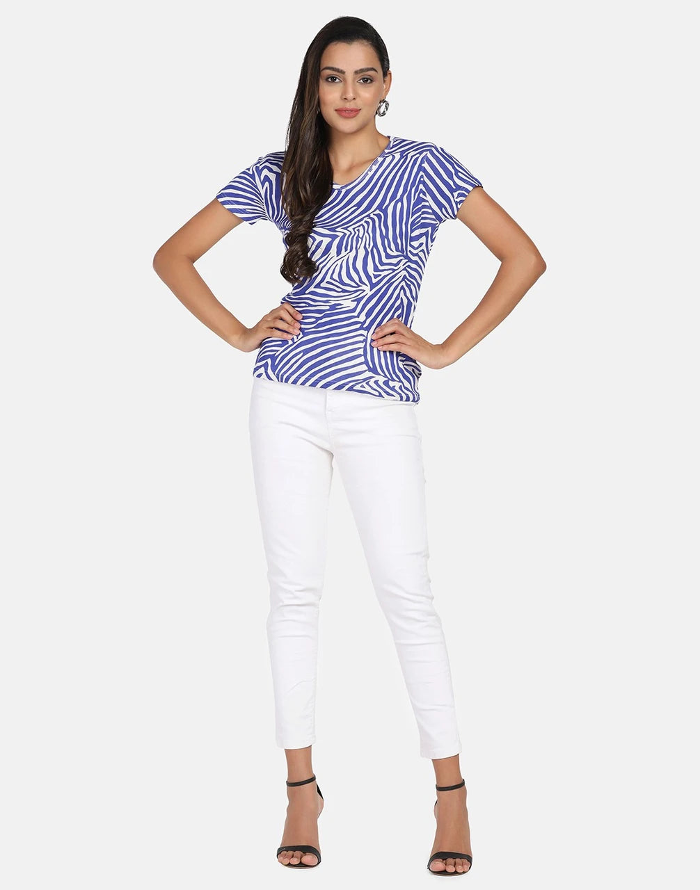 Tropical Leaf Printed Cotton Rib V-Neck Top