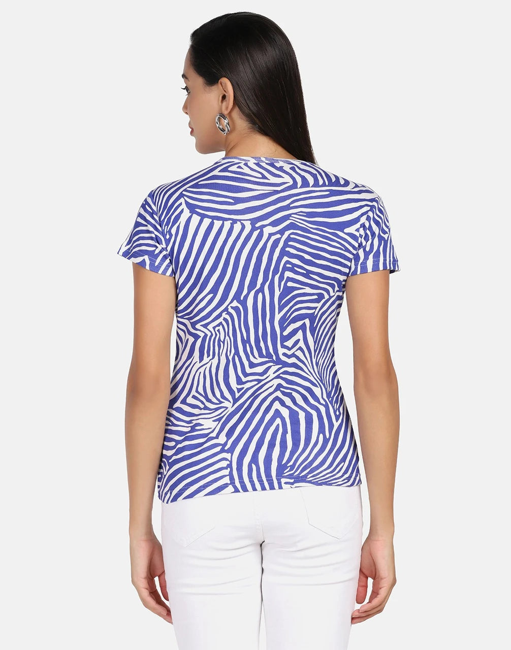 Tropical Leaf Printed Cotton Rib V-Neck Top