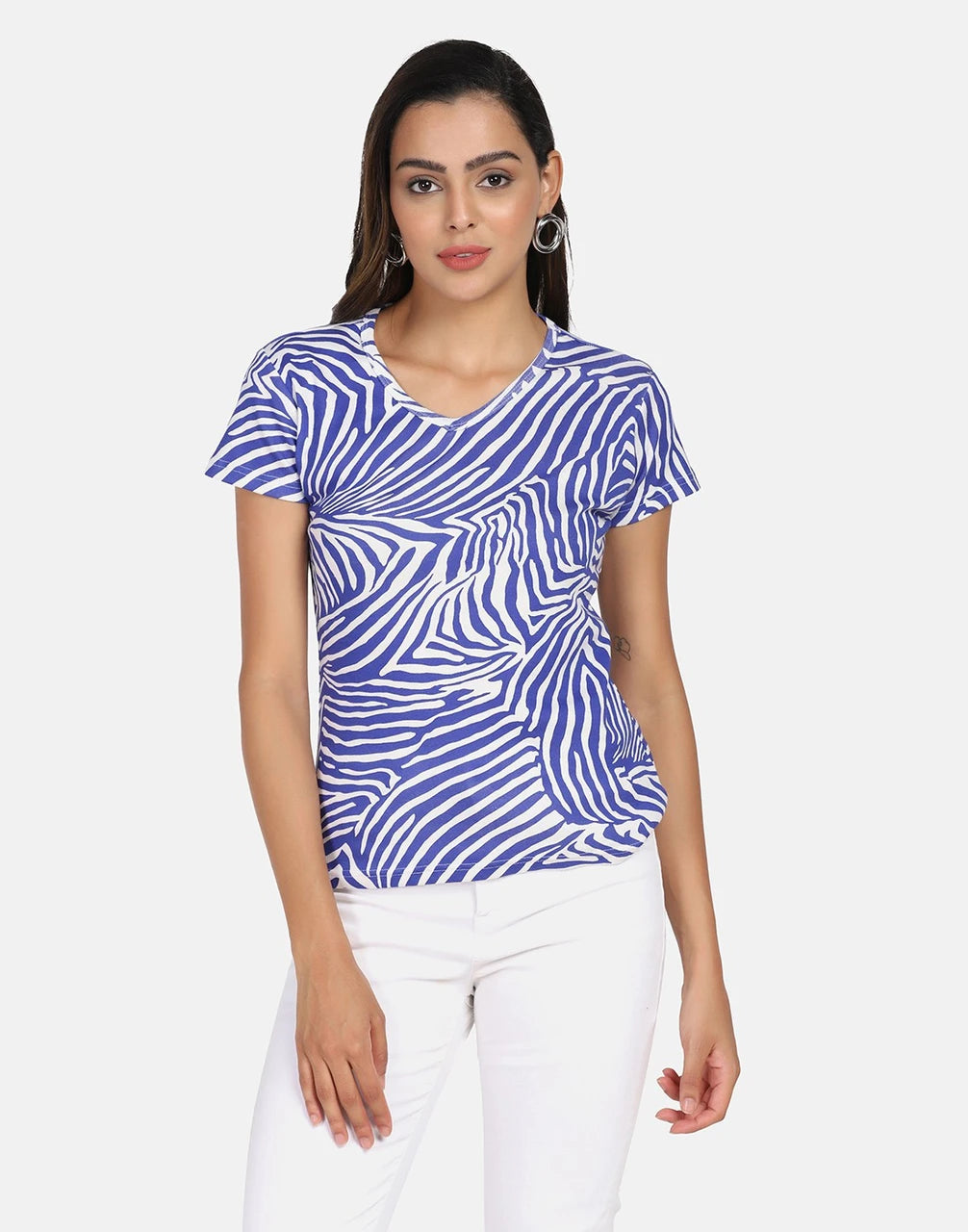 Tropical Leaf Printed Cotton Rib V-Neck Top